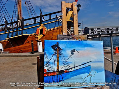 Marine art 'HMB Endeavour' at Darling Harbour  plein air oil painting by artist Jane Bennett